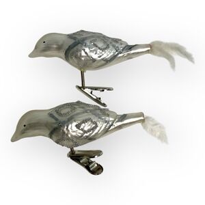 (2) Vintage Blown Glass White Dove Bird Christmas Ornaments Clip On Feather Tail